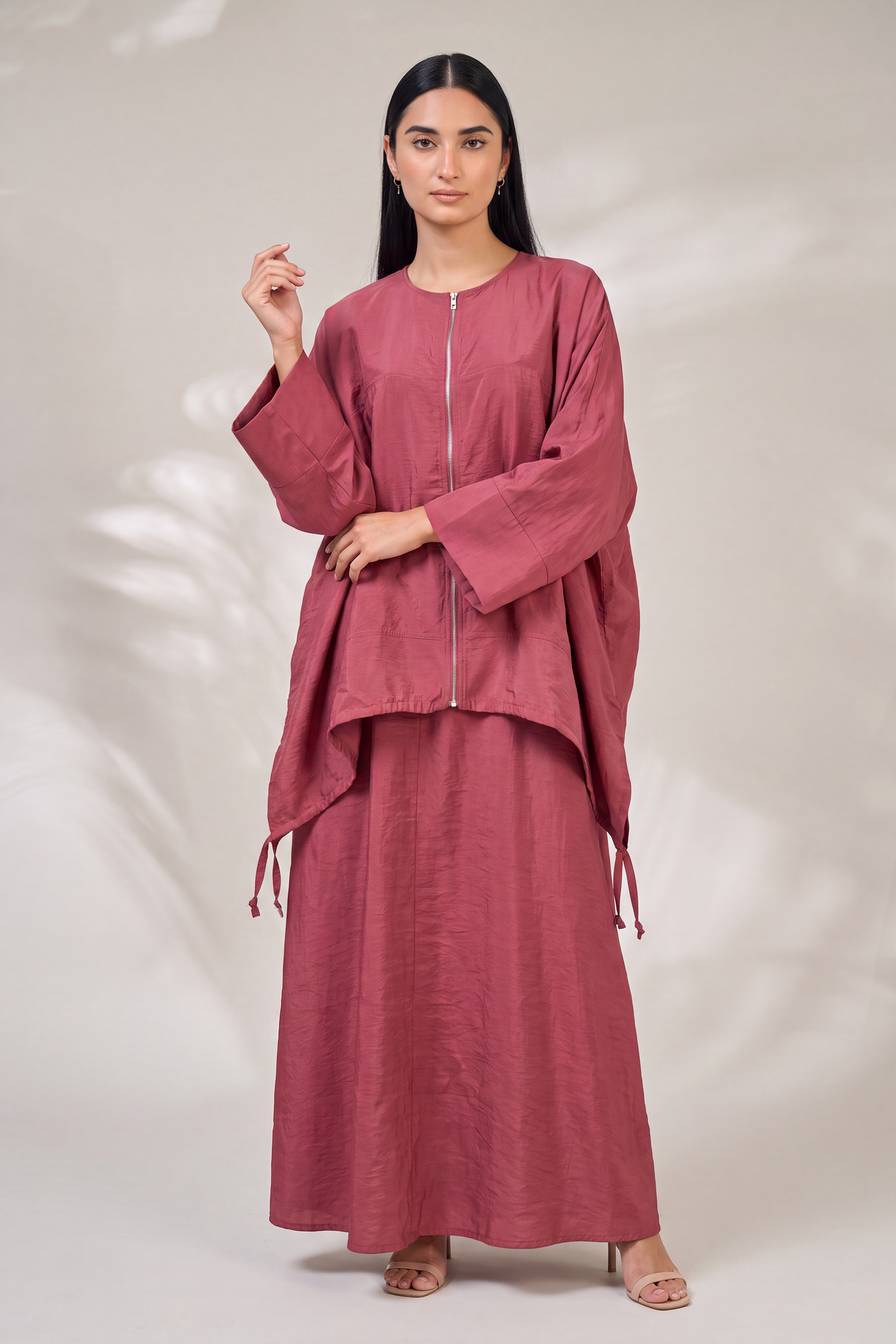 Modest Streetwear Red Abaya Set with Zip Jacket and Skirt