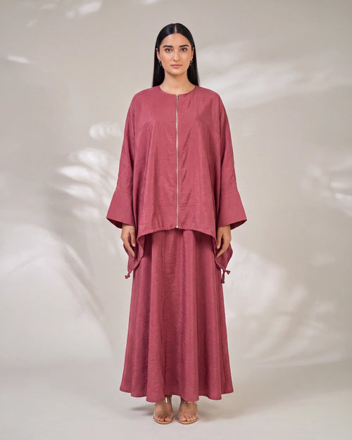 Modest Streetwear Red Abaya Set with Zip Jacket and Skirt