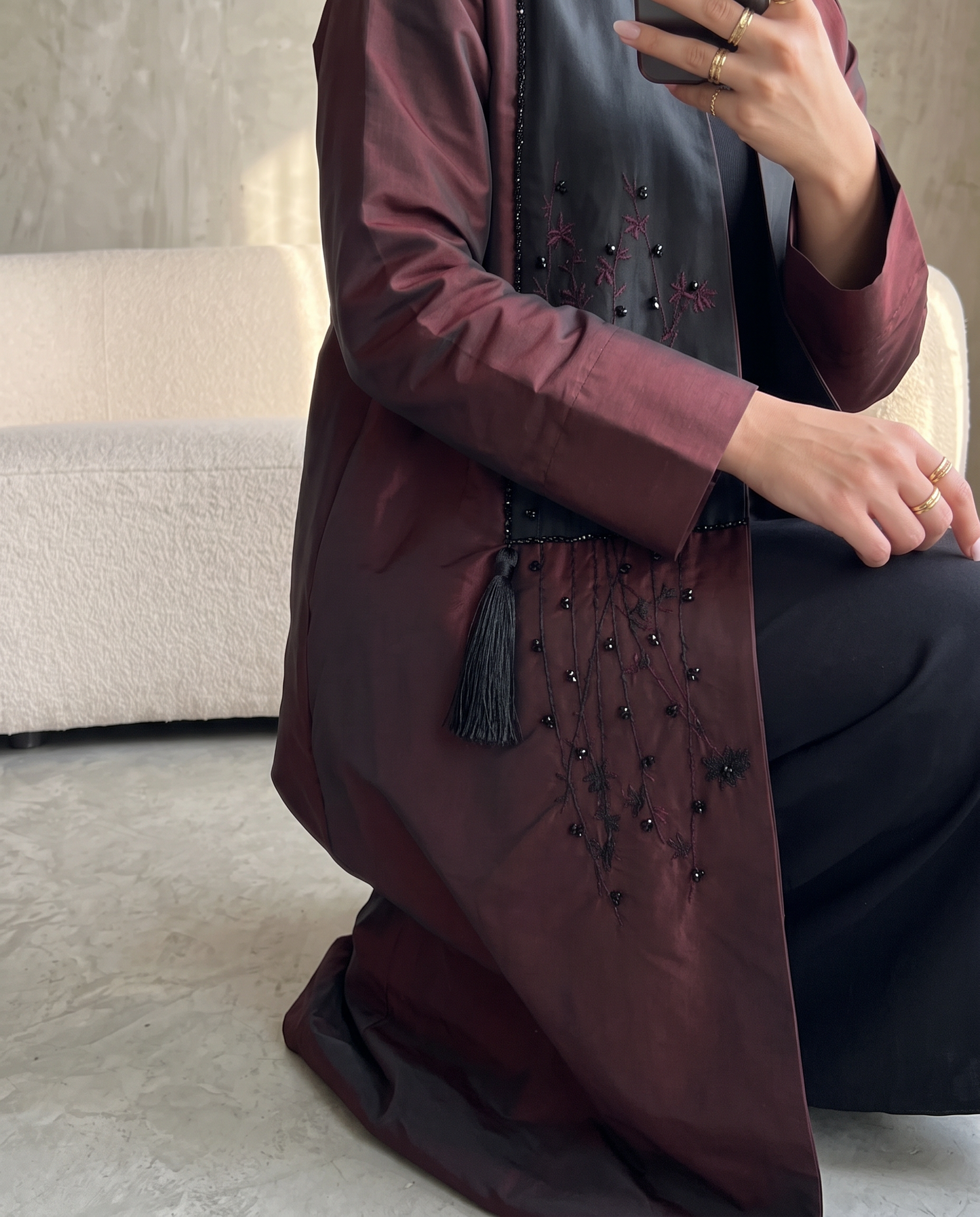Taffeta Abaya with Embroidered Red Contrast Front Panel & Tassel Detail