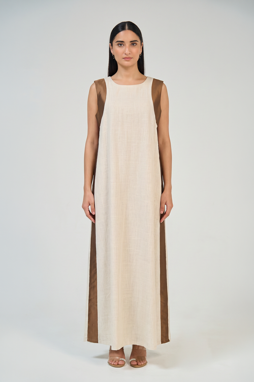 Ivory Linen Inner Dress with Mocha Side Panels