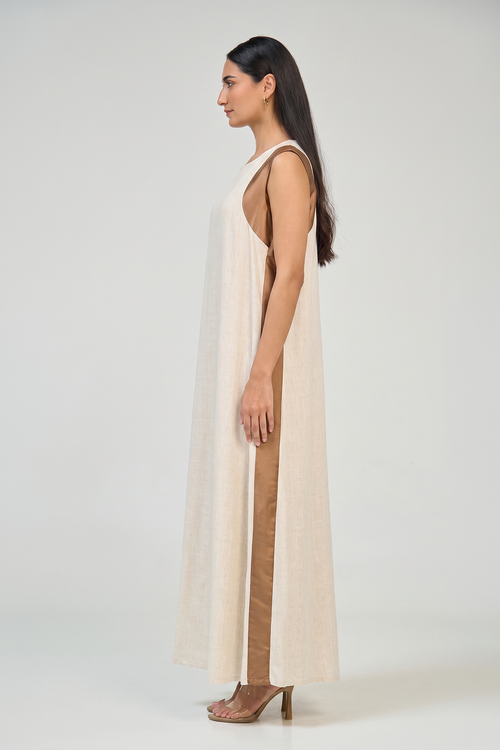Ivory Linen Inner Dress with Mocha Side Panels – hover image