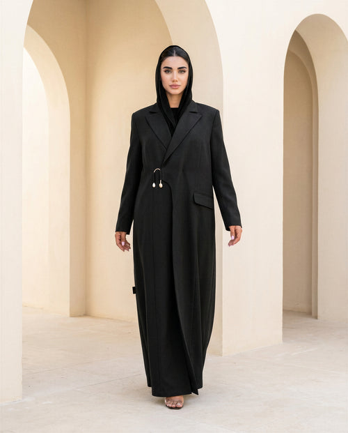 Premium Black Suit Abaya with Asymmetric Closure & Gold Accent Detail