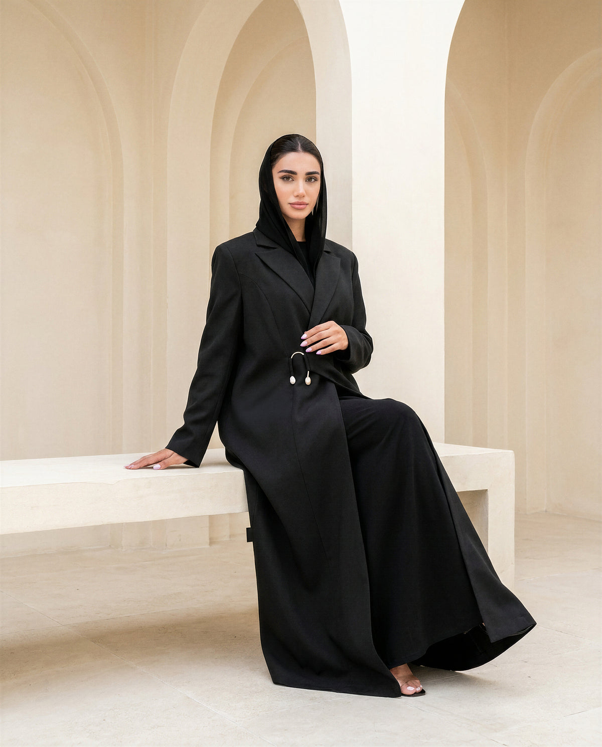 Premium Black Suit Abaya with Asymmetric Closure & Gold Accent Detail