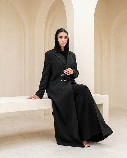 Premium Black Suit Abaya with Asymmetric Closure & Gold Accent Detail
