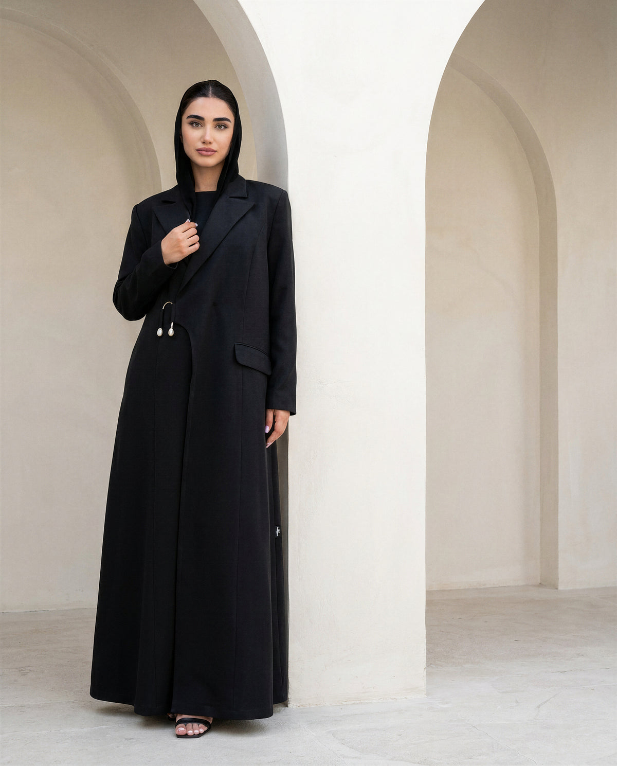 Premium Black Suit Abaya with Asymmetric Closure & Gold Accent Detail