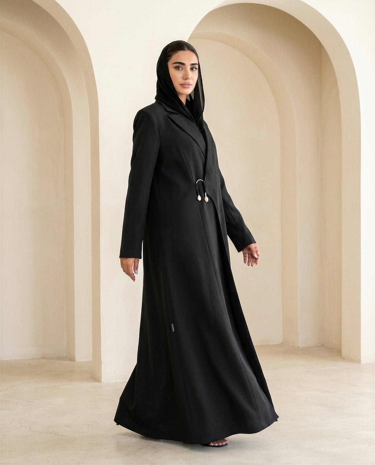 Premium Black Suit Abaya with Asymmetric Closure & Gold Accent Detail