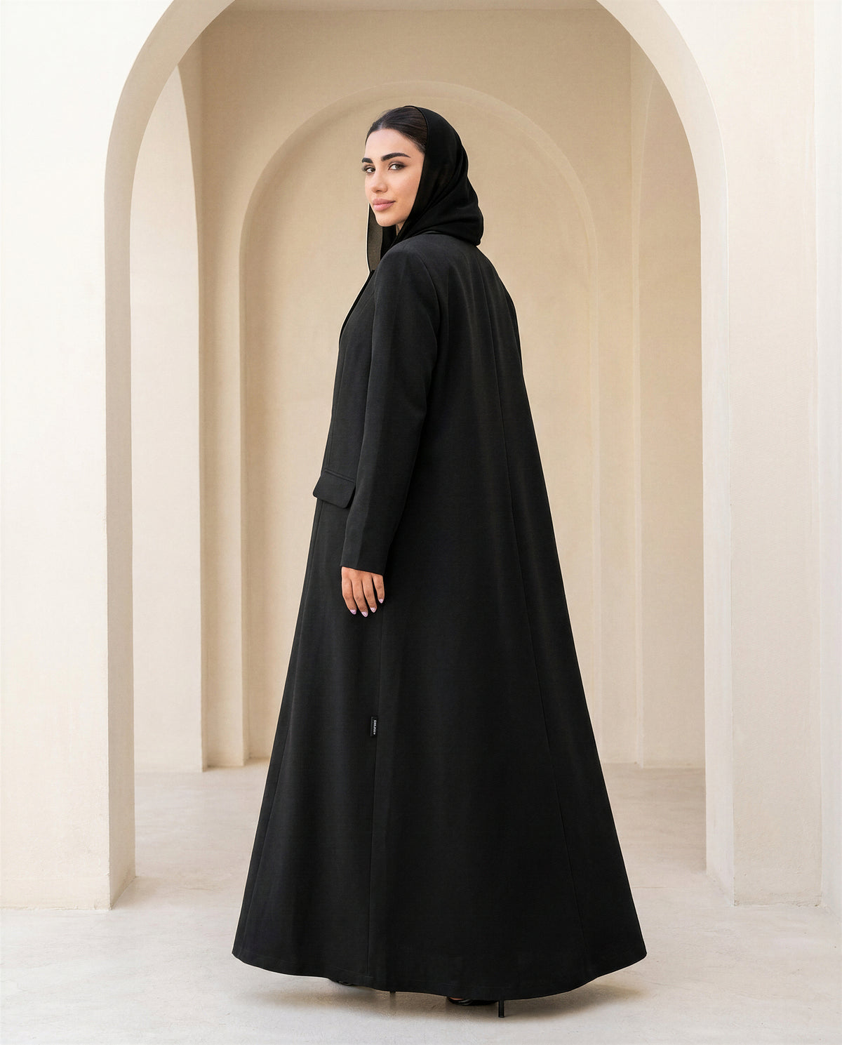 Premium Black Suit Abaya with Asymmetric Closure & Gold Accent Detail