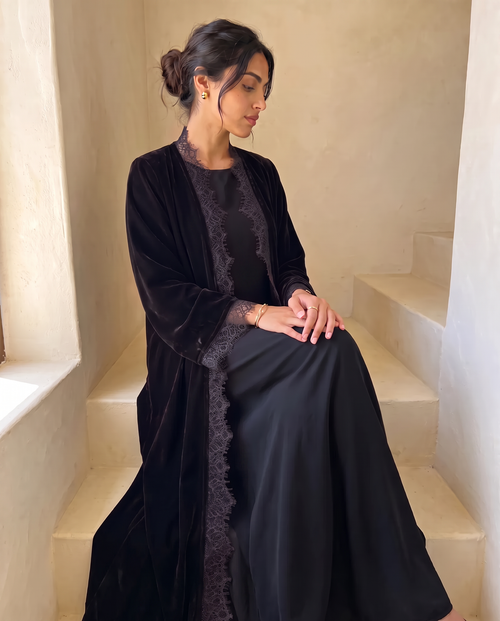Velvet Veil Black Abaya – hover image