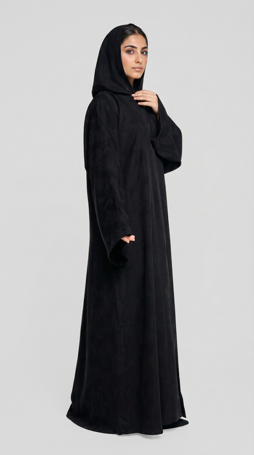 Black Hooded Abaya with Subtle Pattern Texture