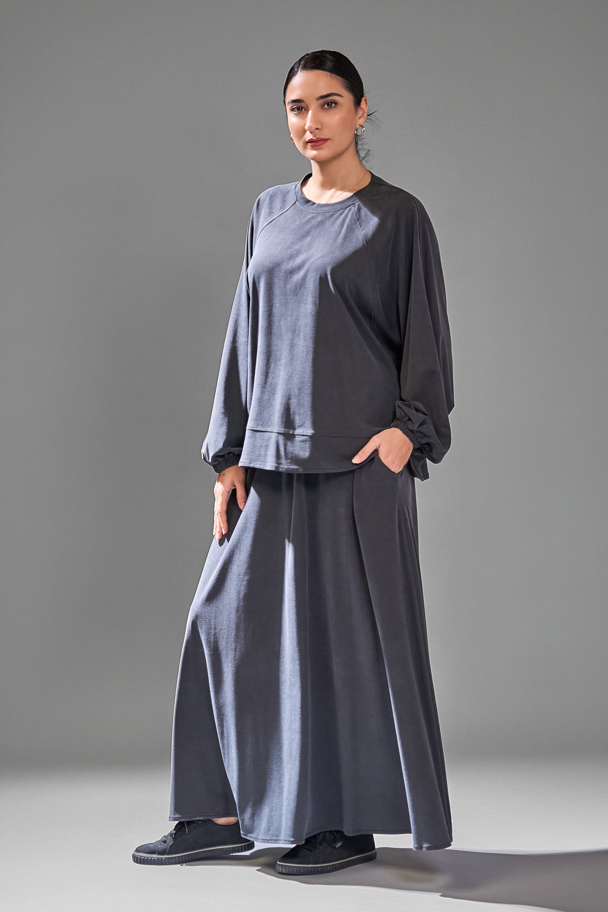 Relaxed skirt lounge set in slate grey, front view