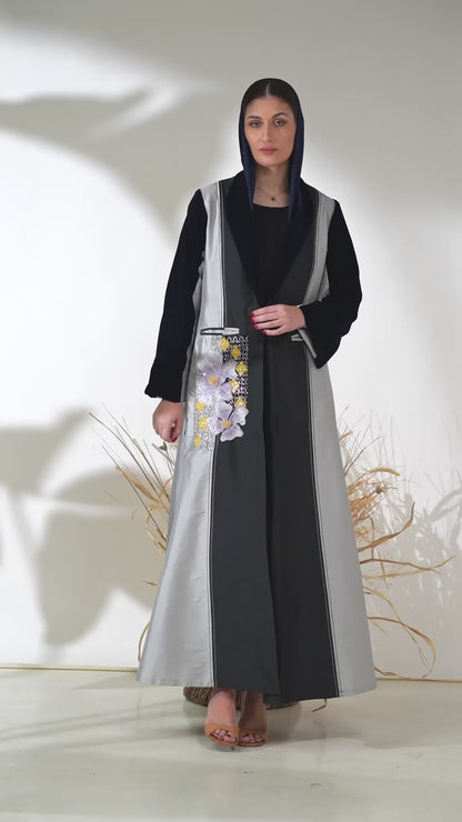 Silver Noir Panel Abaya with 3D Floral Appliqué & Velvet Details