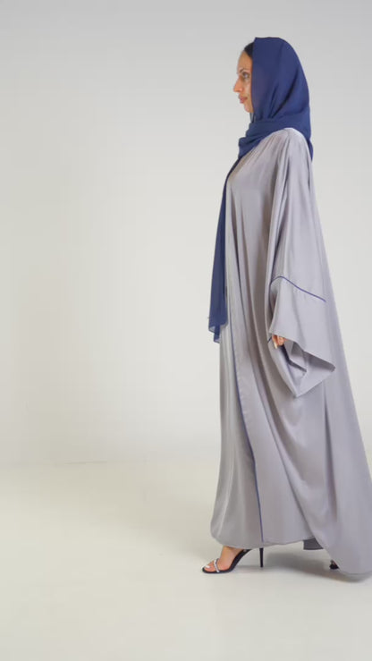 Elegant Silver Open Abaya Set Vertical Detailing With Matching Inner Dress