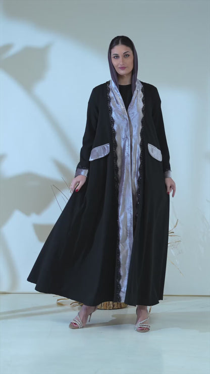 Luxury Black Abaya with Velvet Panels and Elegant Lace Trim