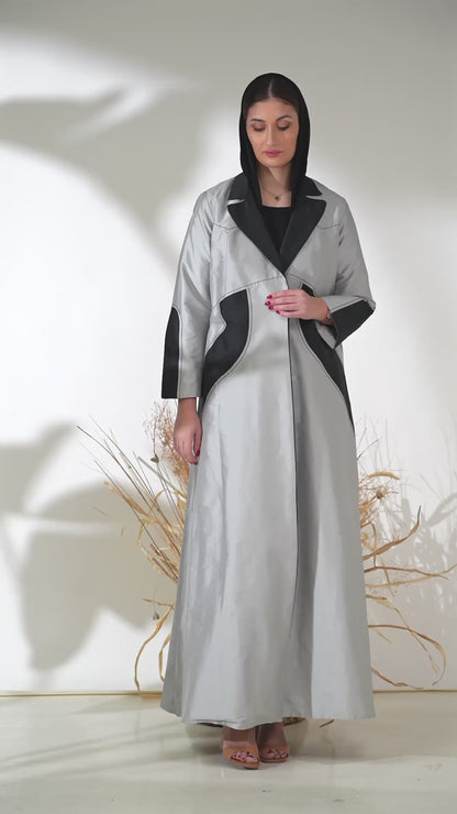 Two-Tone Structured Panel Abaya in Silver with Charcoal Geometric Inlays