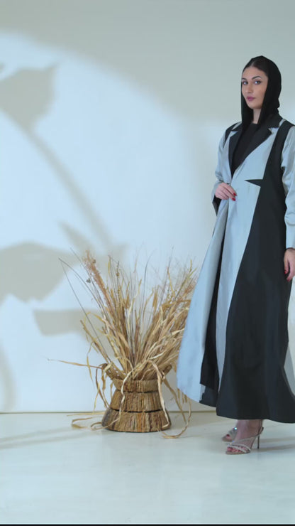 Monochrome Tuxedo-Panel Abaya in Structured Taffeta
