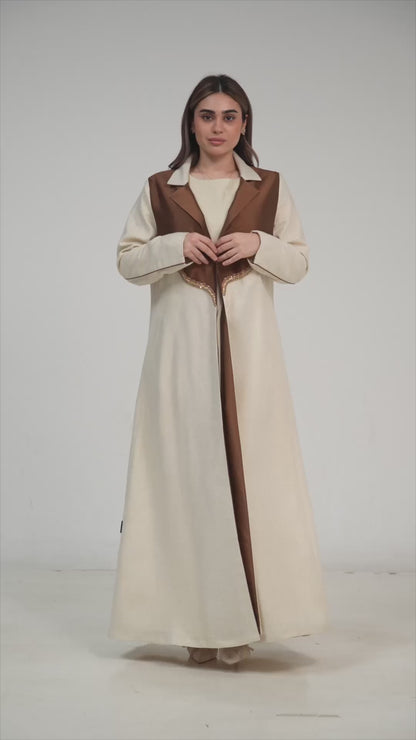 Contrast Lapel Linen Abaya with Elegant Embellished Detail
