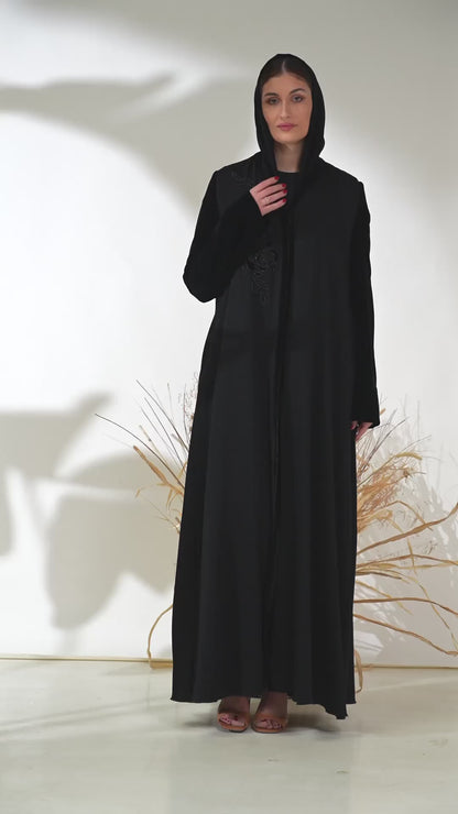 Black Velvet-Accented Abaya with Hand-Embroidered Floral Beading