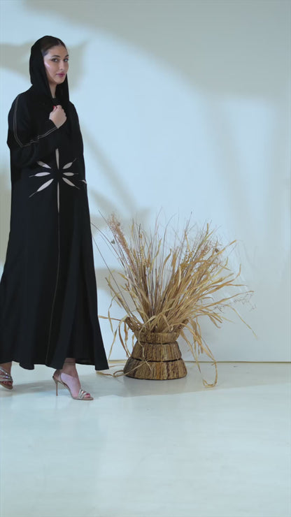 Black Abaya with Abstract Cut-Out Sunburst Design