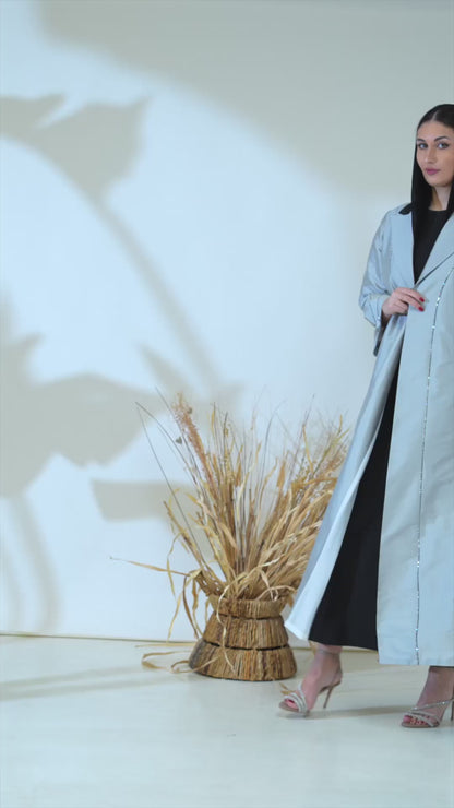 Silver Taffeta Abaya with Sculpted Seam Detailing