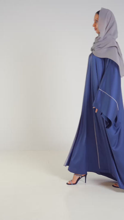 Elegant Glossy Navy Jacquard Open Abaya Set Vertical Detailing With Matching Inner Dress