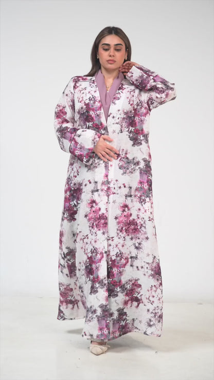 Floral Print Open Abaya with Elegant Contrast Panel