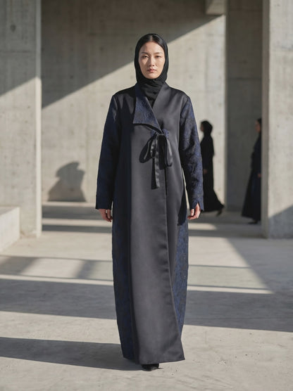 Black Satin Abaya with Navy Floral Jacquard Sleeves & Side Panels with Tie Detail