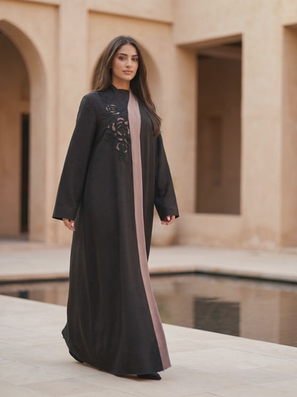 Asymmetrical Rose-Panel Abaya with Floral Handwork