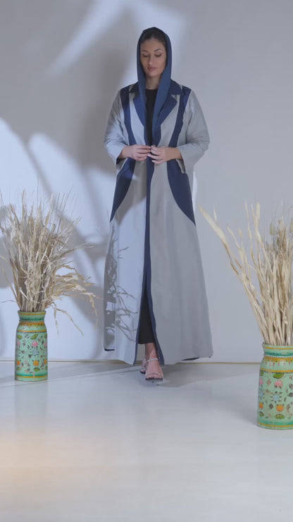Two-Tone Sapphire Wave Abaya in Textured Taffeta with Sculpted Panel Design
