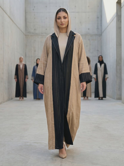 Two-Tone Linen-Blend Abaya with Black Pinstriped Center Panel