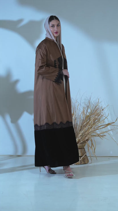 Mocha Taffeta Abaya with Black Lace Accents and Velvet Hem