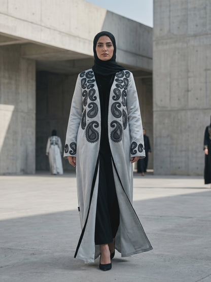 Silver Grey Abaya with Black Paisley Embroidery & Inner Black Dress Set