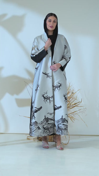 Premium Illustration Open Abaya with Nature-Inspired Print