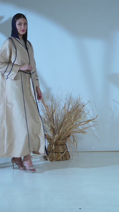 Beige Taffeta Abaya with Sculpted Royal-Blue Panel Piping