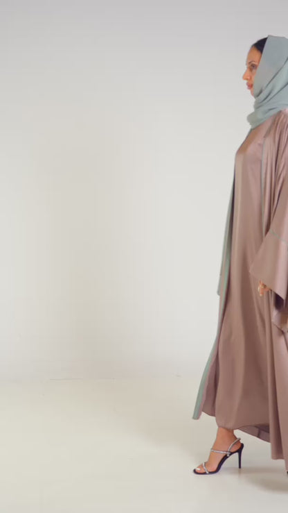 Elegant Pale Taube Open Abaya Set Vertical Detailing With Matching Inner Dress