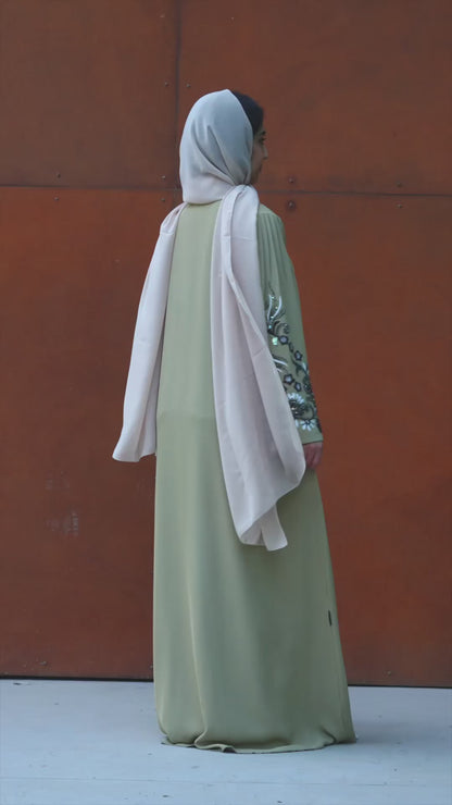 Embellished Sleeve Abaya in Pastel Sage with Hand-Beaded Floral Detailing