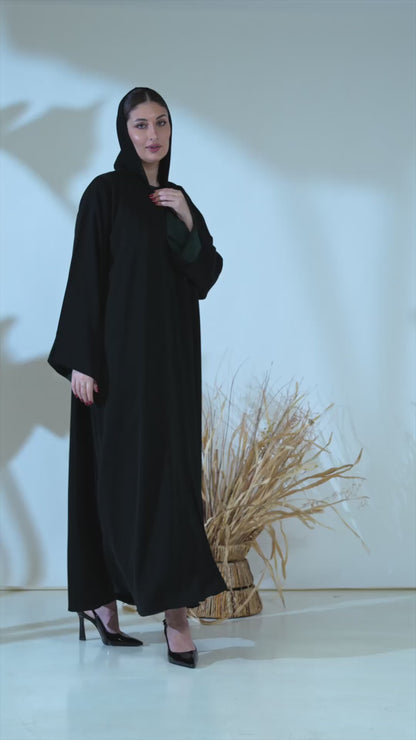 Minimalist Black Abaya with Deep Green Inner Sleeve Contrast