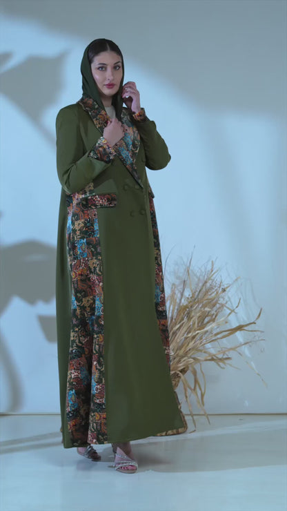Emerald Imperial Brocade-Lapel Abaya with Artisan Panel Detailing