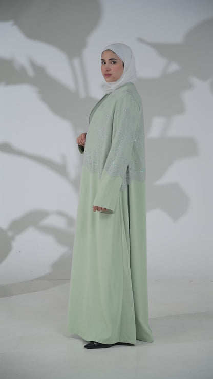 Sage Green Layered Crepe Abaya with Embellished Lace Overlay