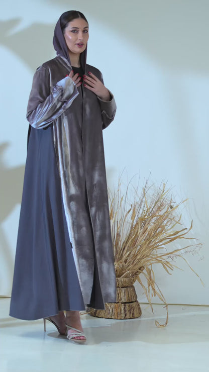 Platinum Sheen Velvet Abaya with Contrast Paneling & Crystal Cuff Embellishments