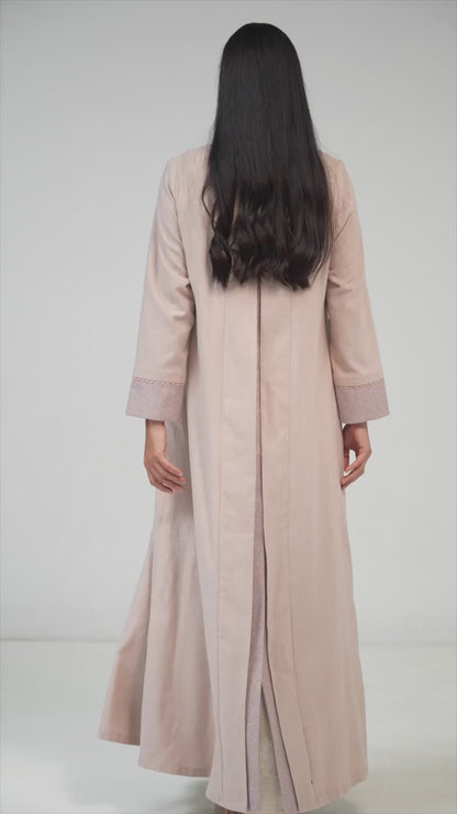Blush Layered Tie-Front Abaya with Textured Panel