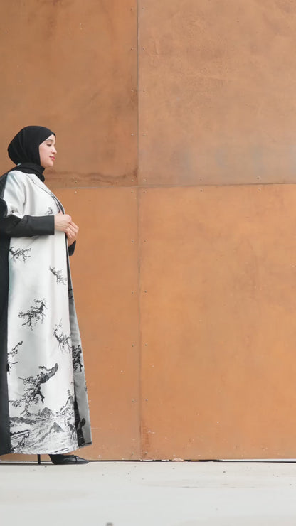 Premium Illustration Open Abaya with Nature-Inspired Print