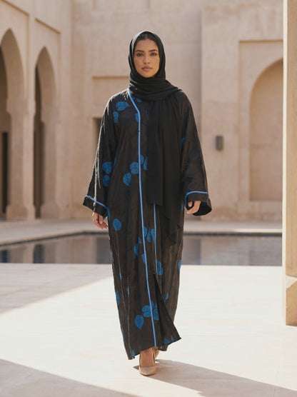 Leaf Print Open Abaya with Contrast Piping