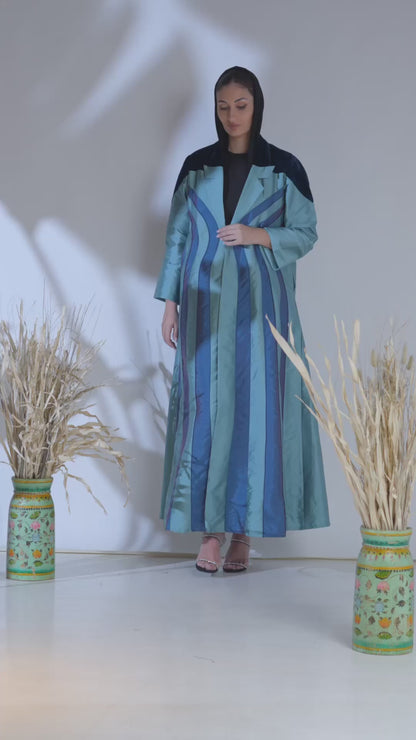 Teal Taffeta Abaya with Sculpted Velvet Panels & Ombre Wave Detailing