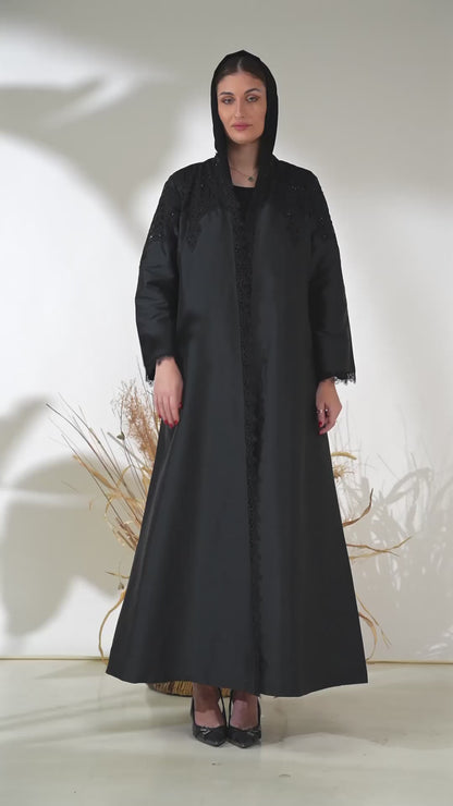 Black Taffeta Abaya with Intricate Beaded Lace Yoke