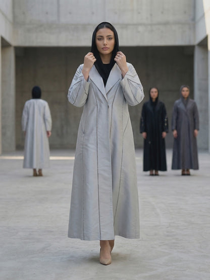 Silver Taffeta Abaya with Sculpted Seam Detailing