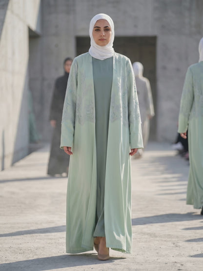 Sage Green Layered Crepe Abaya with Embellished Lace Overlay