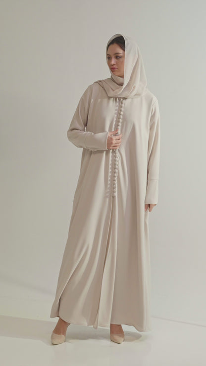 Pearl Button-Front Abaya in Cream Sand