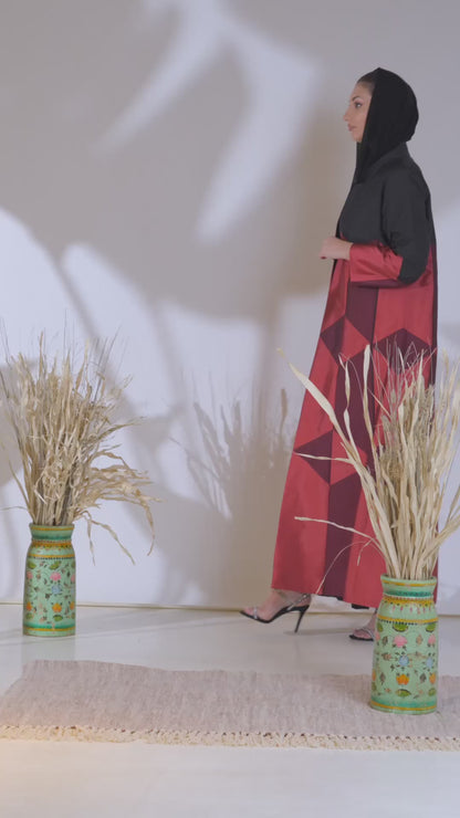 Geometric Color-Block Abaya in Crimson, Berry & Black Taffeta