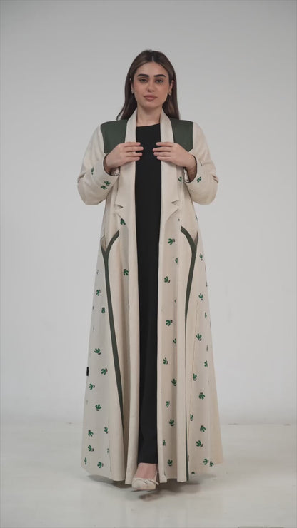 Embroidered Linen Abaya with Contrast Panel Detailing