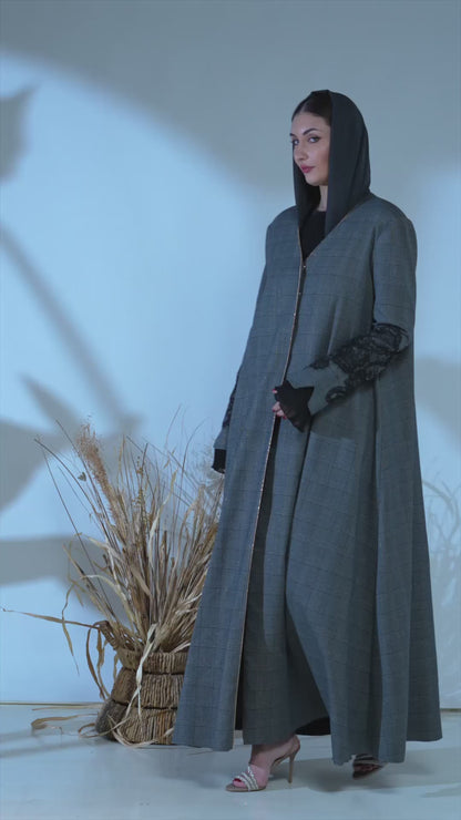 Glen Check Elegance Abaya with Lace Sleeve Accents